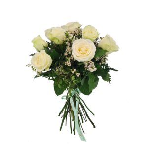 buchet delicat 11 trandafiri albi si wax flowers