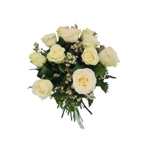 buchet delicat 11 trandafiri albi si wax flowers