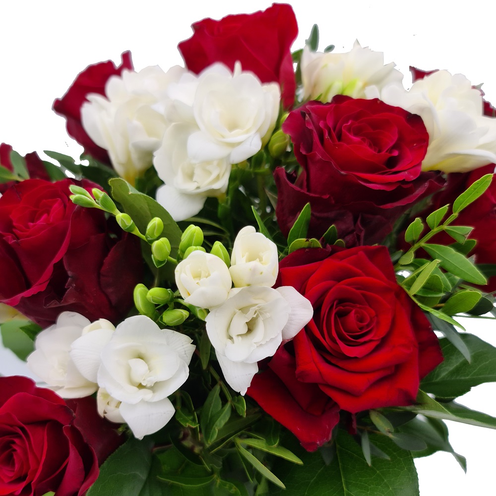 buchet de 11 trandafiri roșii și 10 frezii albe