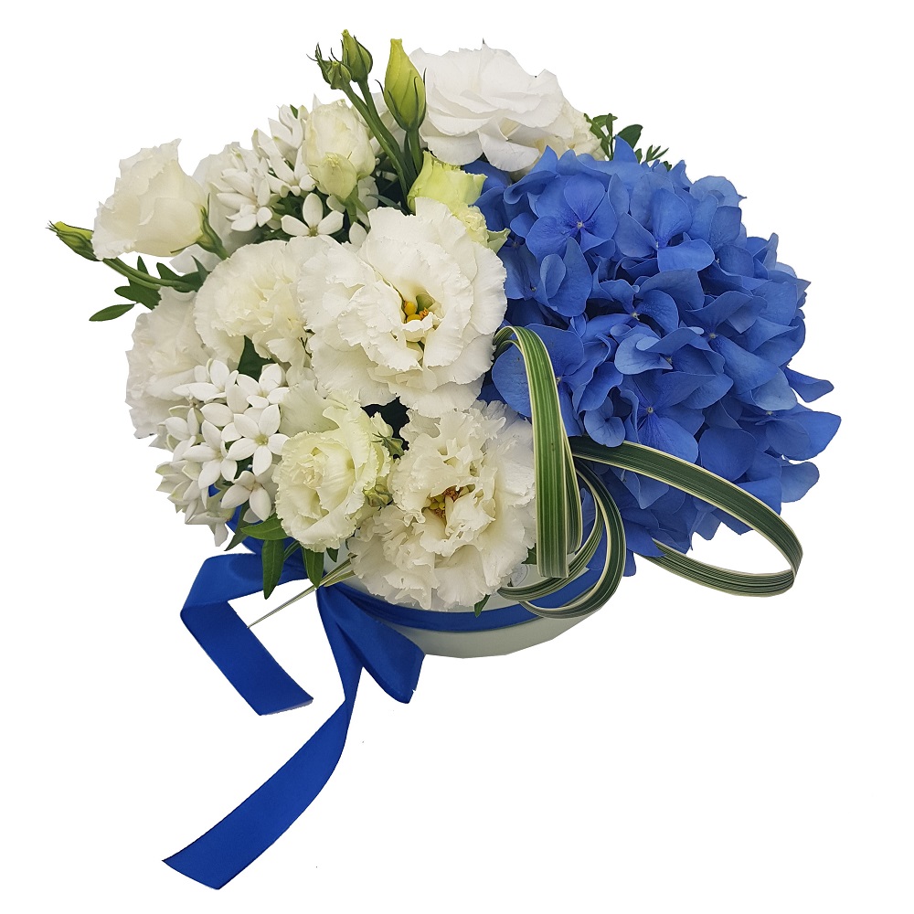 Cutie cu bouvardia, lisianthus si hortensie