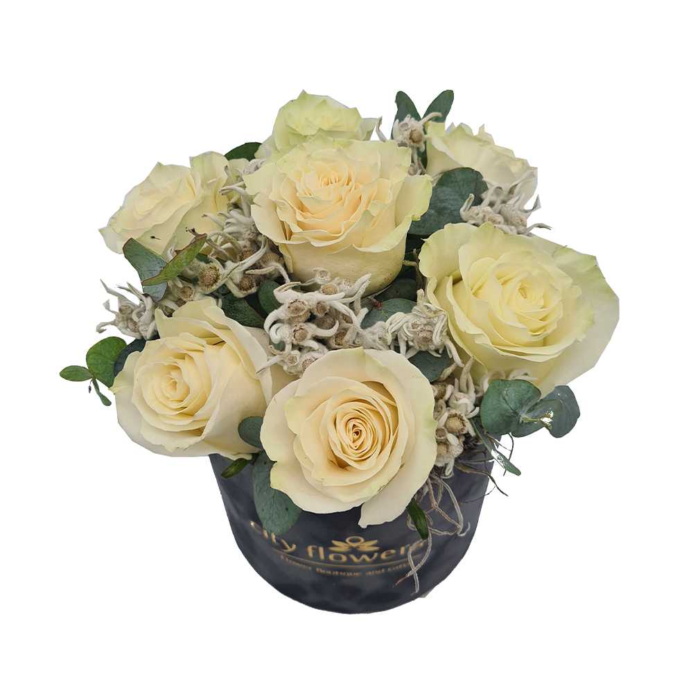 Cutie cu trandafiri albi si floare de colt (3)