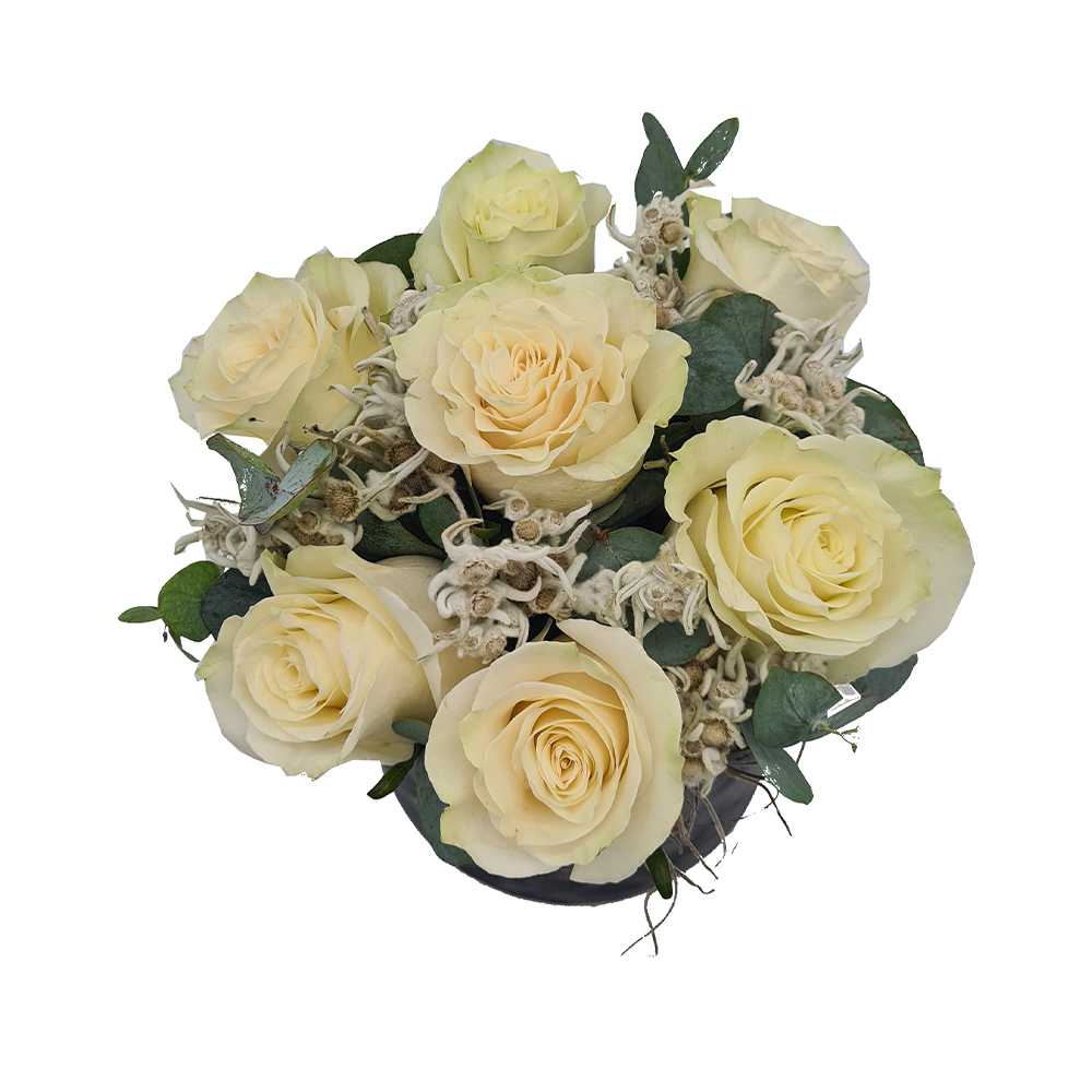 Cutie cu trandafiri albi si floare de colt (5)